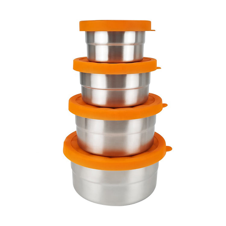 Fiambrera Bento respetuosa con el medio ambiente, juego de 4 cajas de almacenamiento de alimentos a prueba de fugas de acero inoxidable para niños, contenedor de sopa de salsa con tapa de silicona