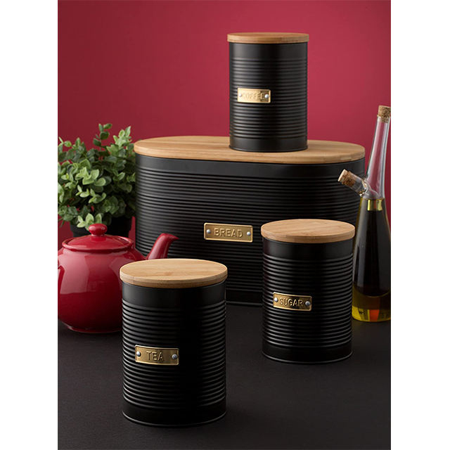 Panera con tapa de bambú cocina caja de pan y recipientes de acero inoxidable de esquina de metal negro mate