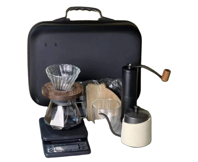 Juego de cafetera para exteriores V60, molinillo de goteo de café con acero inoxidable y hervidor de agua, escala de temporizador de vidrio, bolsa de viaje adecuada para regalos