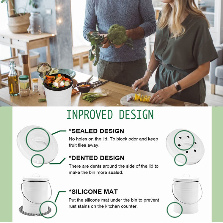 Producto Contenedor de cocina con asa de 1 galón para interiores, blanco con cubeta de plástico Contenedor de compostaje con filtro de carbón