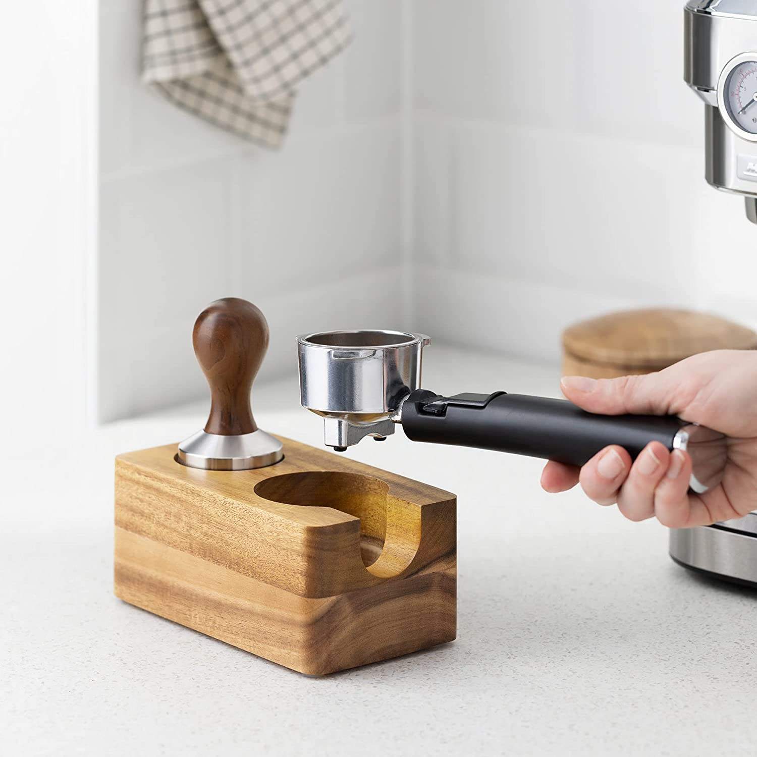 Estación de manipulación de café de madera - Soporte de manipulación de 51 mm para accesorios de máquina de espresso - Soporte de portafiltro de madera para cafetería