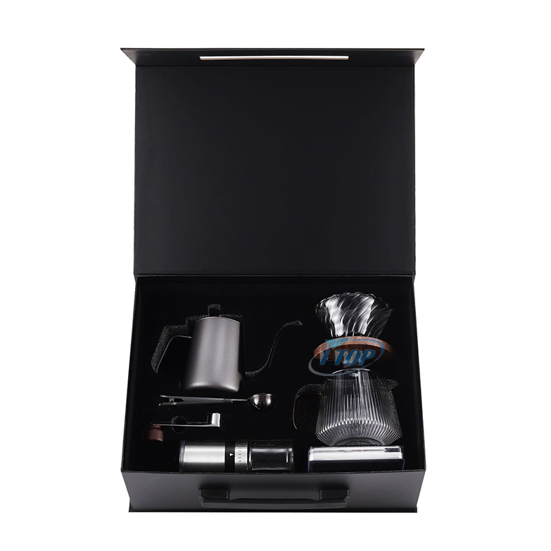 Juego de regalo disponible de muestra, kit de café de goteo para viajes al aire libre con filtro de molinillo de café manual, tetera y cuchara