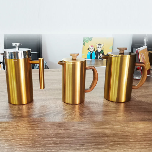 Prensa francesa de café de acero inoxidable de doble pared apta para lavavajillas SS 304 con sistemas de filtración de 4 niveles