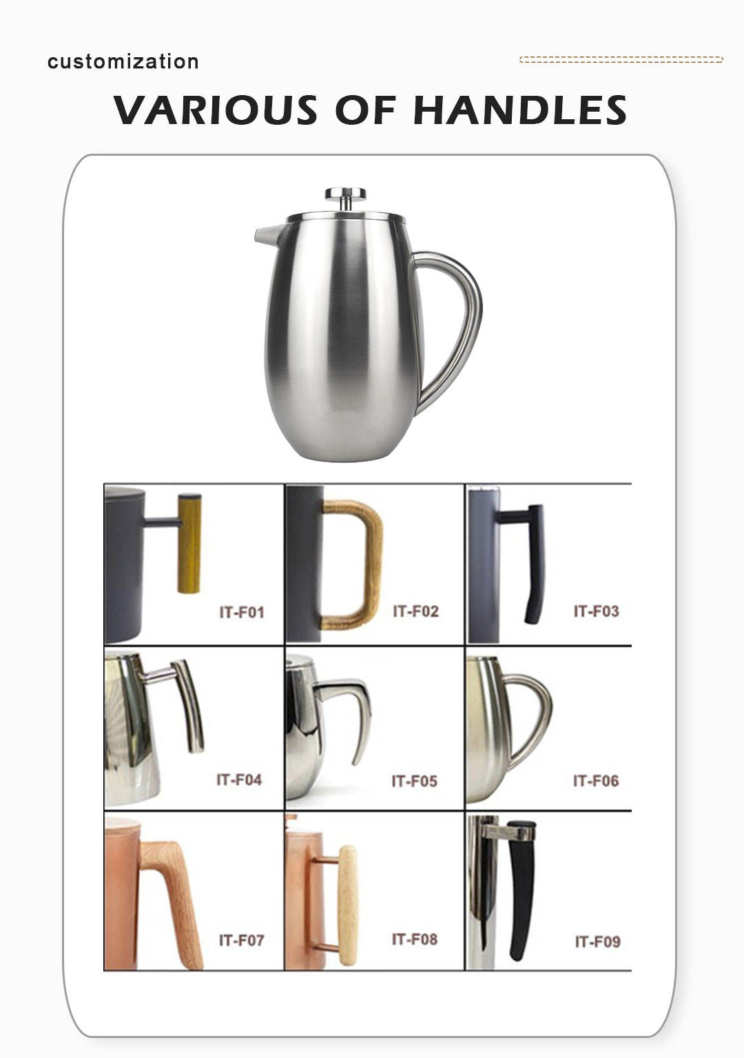Prensa francesa vientre estilo clásico acero inoxidable 34 oz aislado doble pared cafetera prensa francesa con logotipo personalizado madera