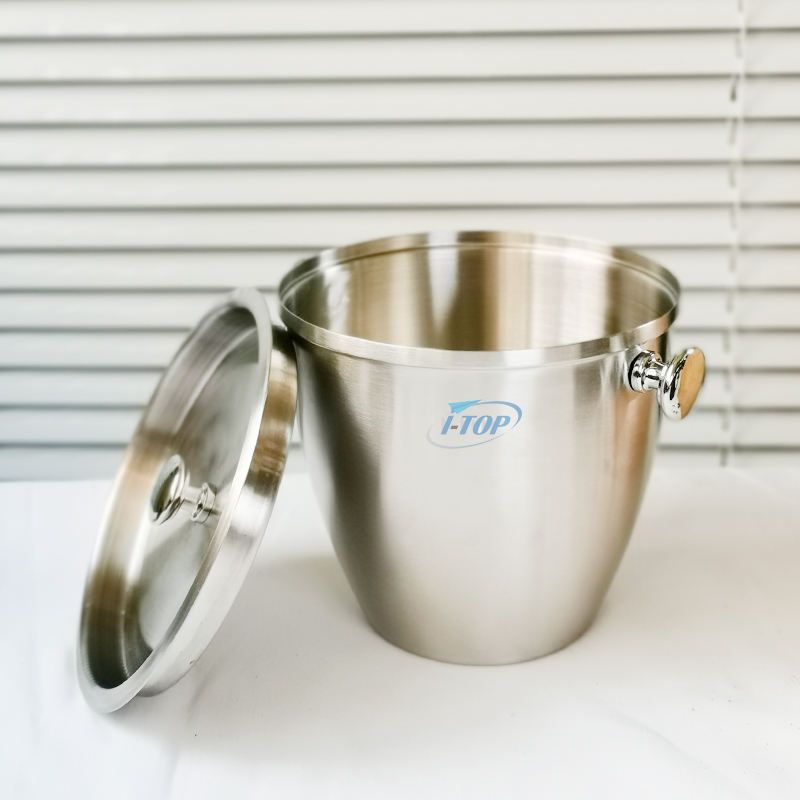 Cubo de hielo de metal de acero inoxidable de una sola pared con pala de hielo con práctico mango de dos bombas