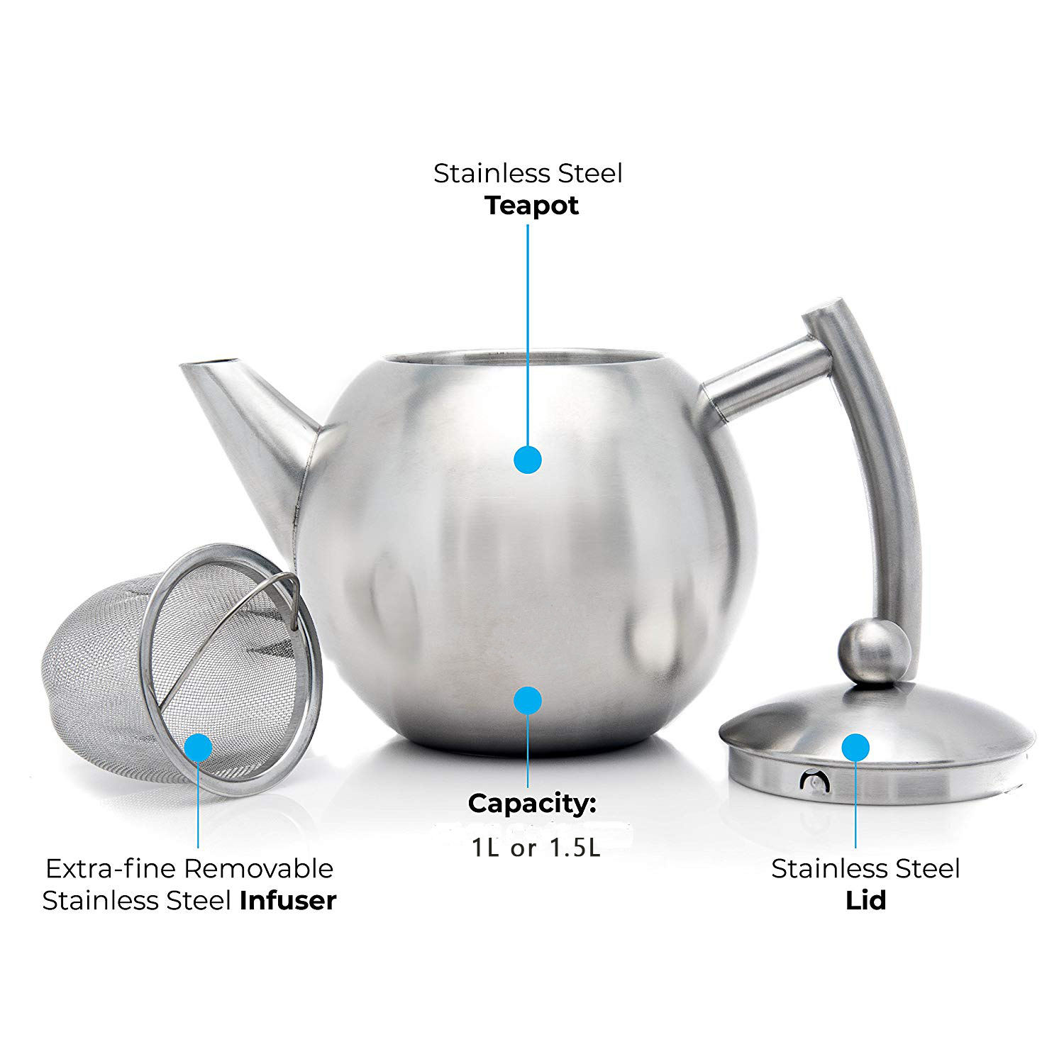 Tetera de acero inoxidable de 34 a 50 onzas con infusor, calentador de té con infusor de tetera para té suelto