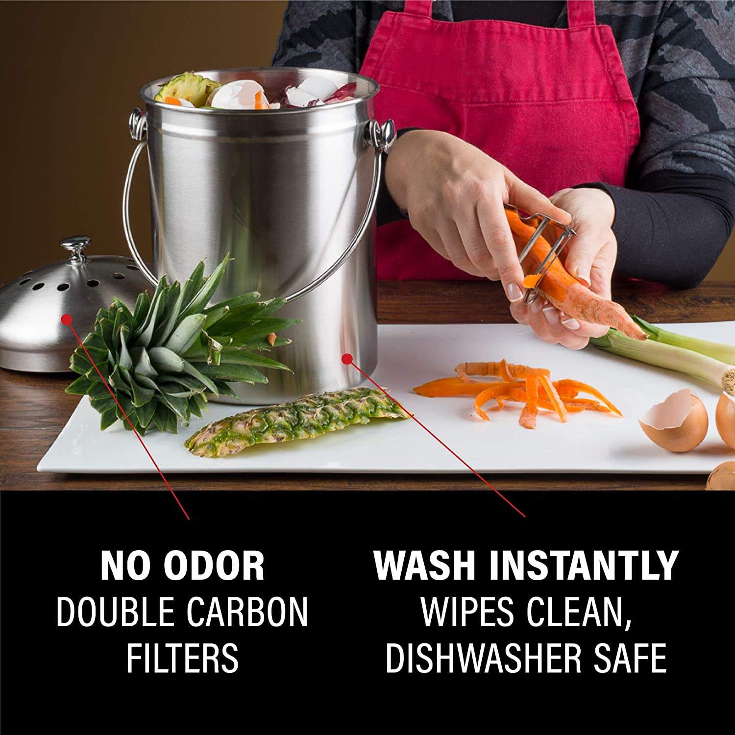 Contenedor de compostaje de cocina para encimera de cocina de acero inoxidable de 1,3 galones con 1 contenedor de compostaje con filtro de carbón de repuesto