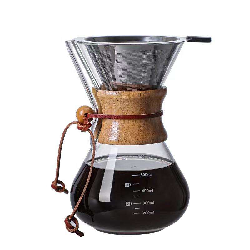 Venta caliente verter sobre cafetera jarra de vidrio de borosilicato alto con goteo de café de acero inoxidable sin papel y manga de madera