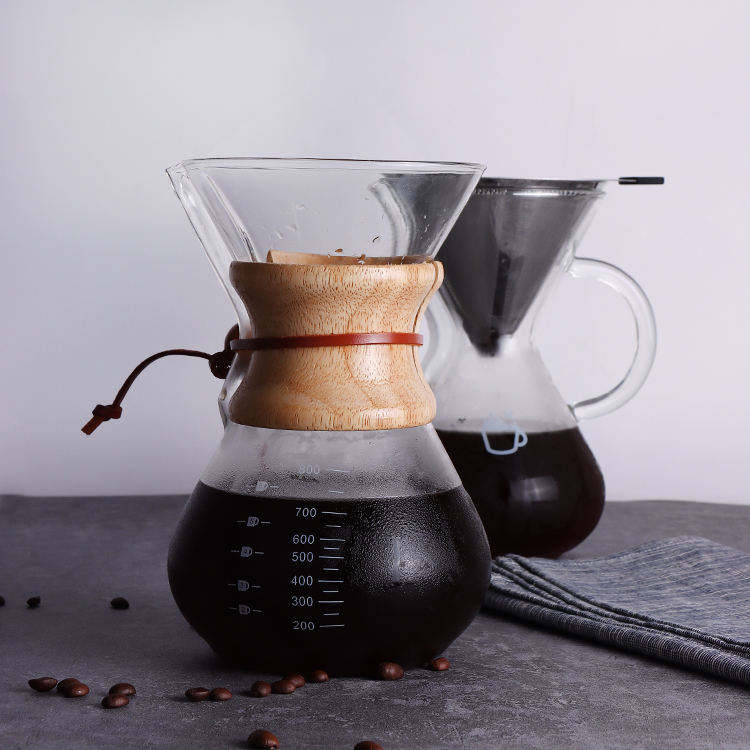 Venta caliente verter sobre cafetera jarra de vidrio de borosilicato alto con goteo de café de acero inoxidable sin papel y manga de madera
