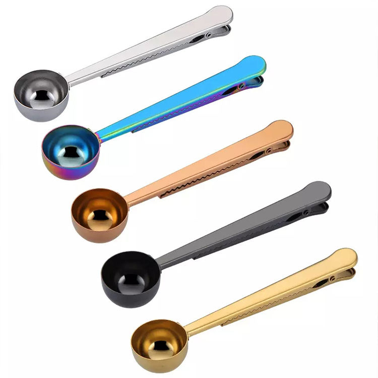 Cuchara medidora de colores, cuchara de café de Metal de grado alimenticio, cuchara medidora de café de acero inoxidable dorado con Clip de sellado