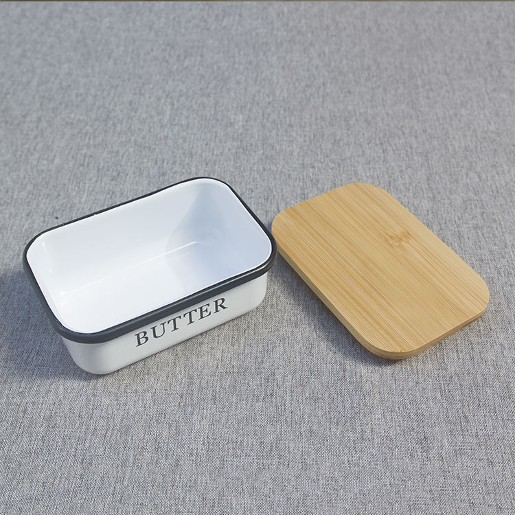 Recipiente de metal con tapa de madera de bambú para cocina Caja de almacenamiento de queso de azúcar de metal Plato de mantequilla
