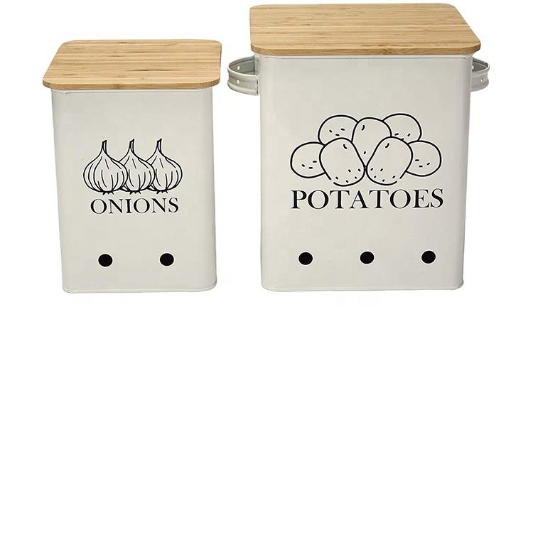 Recipiente de almacenamiento de alimentos con tapa de bambú y orificio de almacenamiento de lata de aireación para patatas, cebollas y juegos de recipientes de ajo para mostrador de cocina