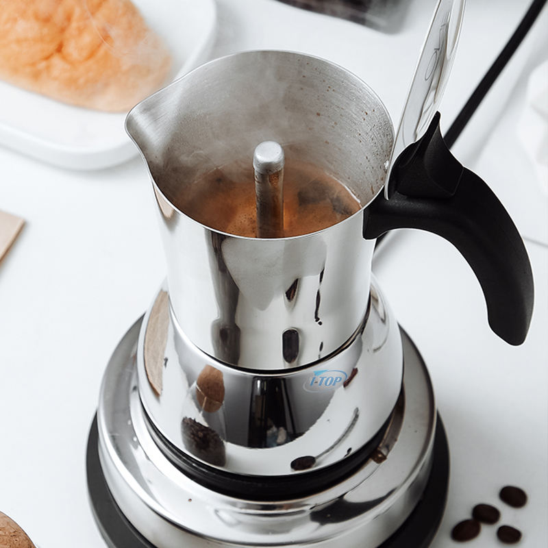 Moka Pot de acero inoxidable Inox 18/8 Cafetera espresso Mocha Pot Inducción de calor Mango de nylon disponible