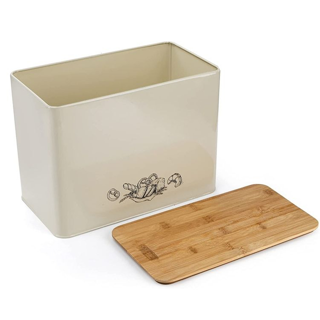 Caja de pan blanca de acero inoxidable y Metal moderno para cocina, tabla de cortar, tapa de bambú, contenedor de pan de almacenamiento de alimentos de alta capacidad
