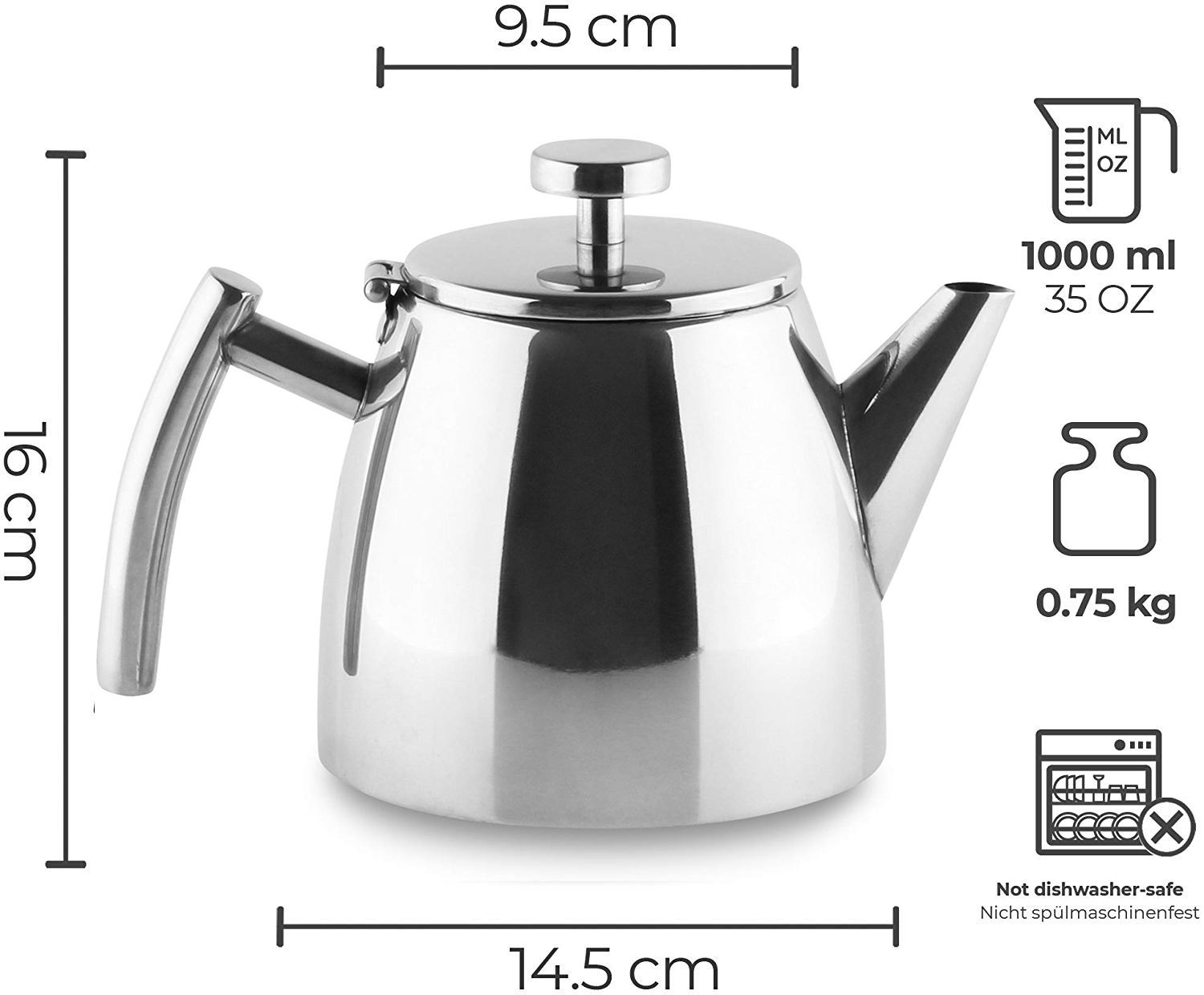 Tetera de doble pared de acero inoxidable con infusor extraíble, tetera de estufa de 1,2 l para frutas, hierbas e infusión