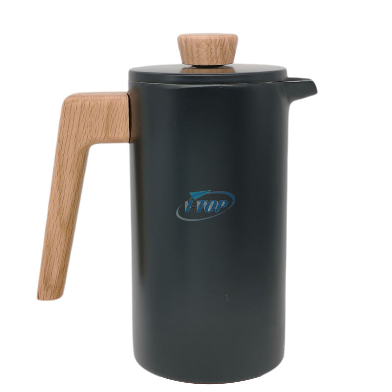 Cafetera de acero inoxidable 304 con mango de madera térmica aislada de doble pared de prensa francesa