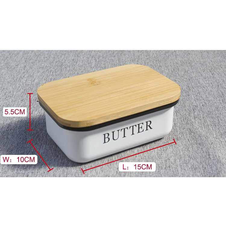 Recipiente de metal con tapa de madera de bambú para cocina Caja de almacenamiento de queso de azúcar de metal Plato de mantequilla