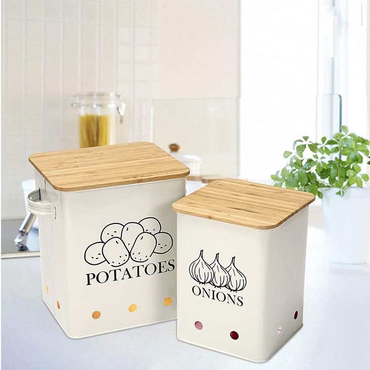 Recipiente de almacenamiento de alimentos con tapa de bambú y orificio de almacenamiento de lata de aireación para patatas, cebollas y juegos de recipientes de ajo para mostrador de cocina