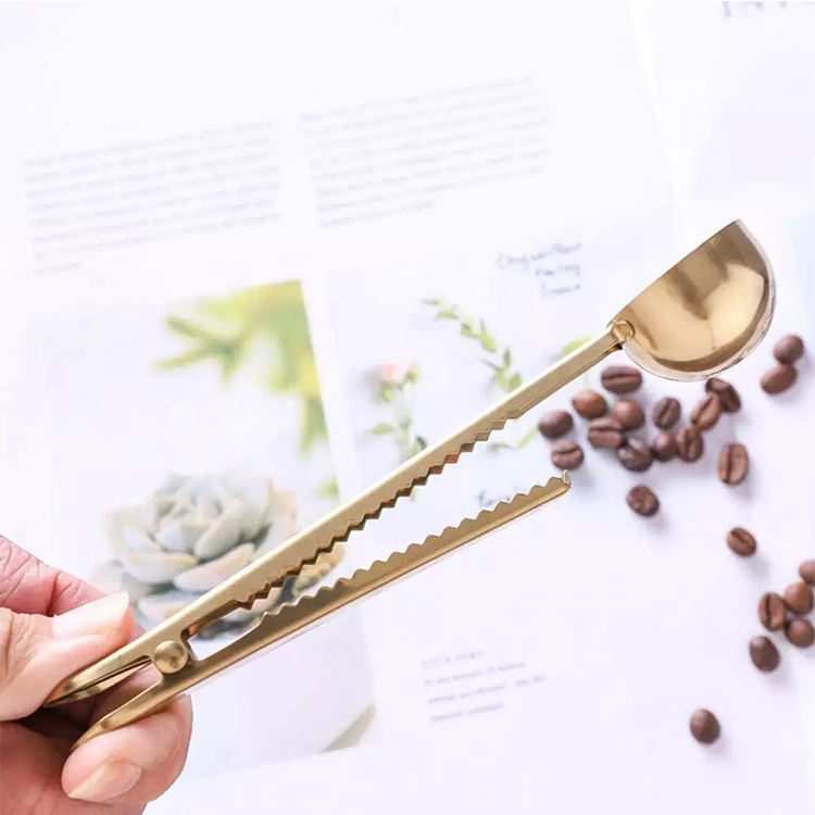 Cuchara medidora de colores, cuchara de café de Metal de grado alimenticio, cuchara medidora de café de acero inoxidable dorado con Clip de sellado