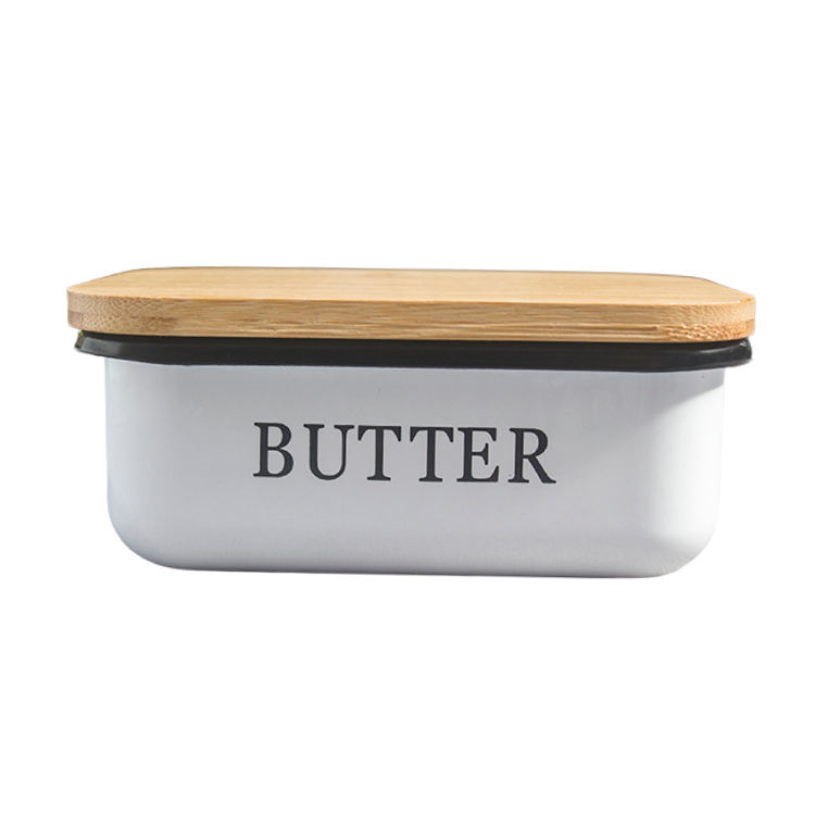 Recipiente de metal con tapa de madera de bambú para cocina Caja de almacenamiento de queso de azúcar de metal Plato de mantequilla