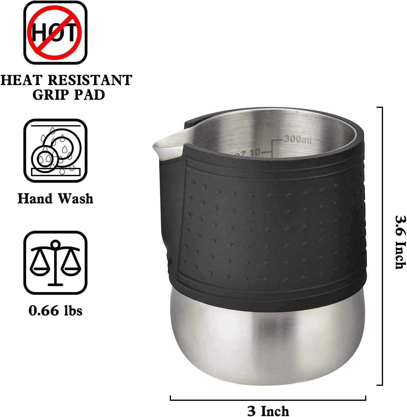 Jarra para espumar leche Jarra de vapor de leche de acero inoxidable Boquilla redondeada Almohadillas de agarre de silicona resistentes al calor Jarra de leche
