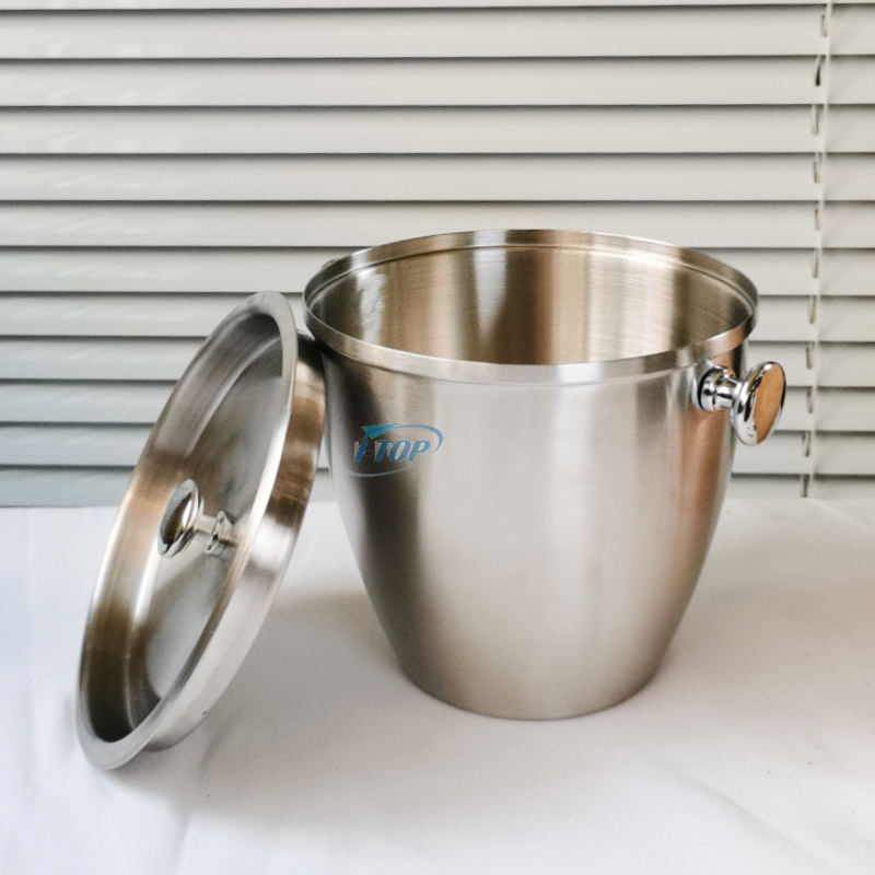 Cubo de hielo de metal de acero inoxidable de una sola pared con pala de hielo con práctico mango de dos bombas