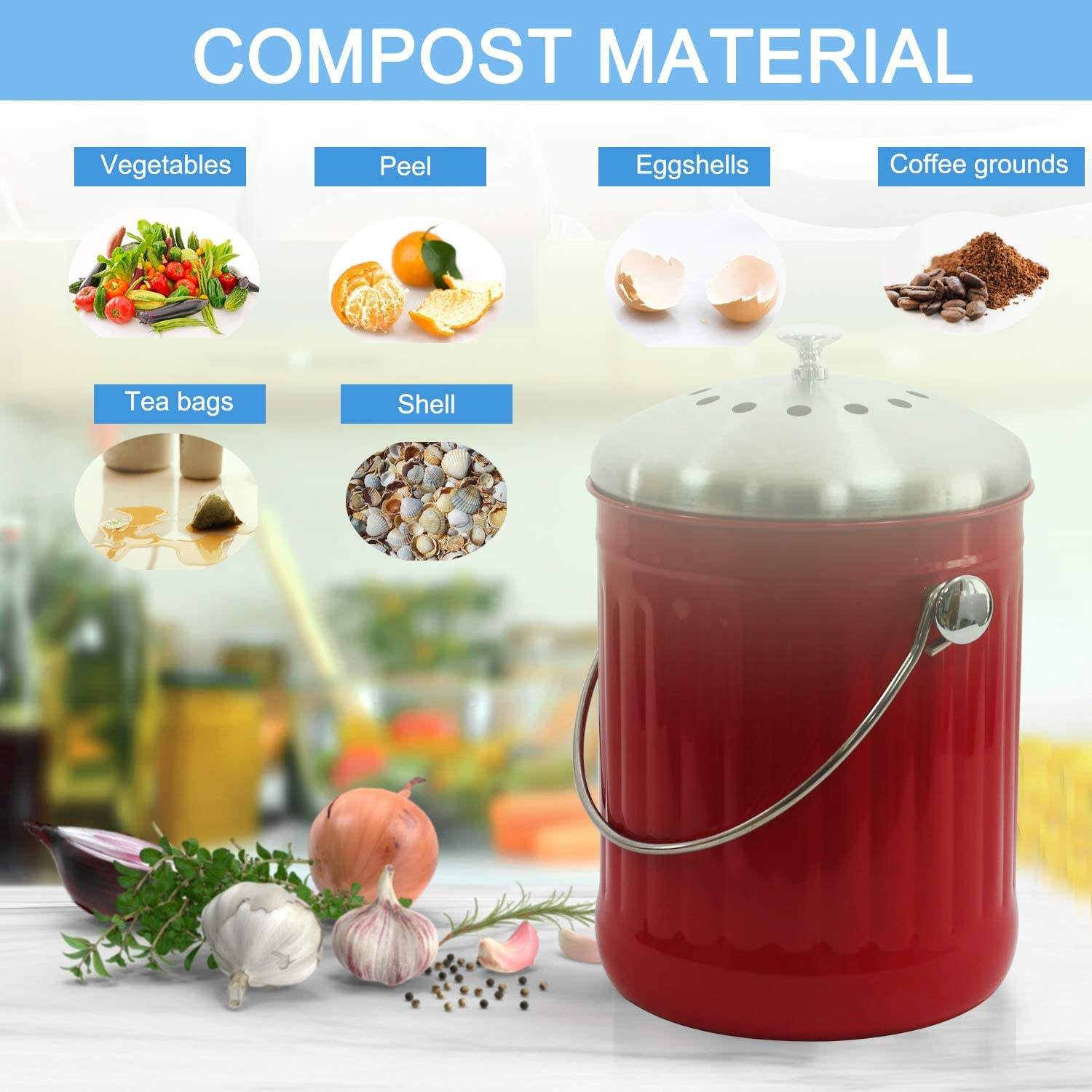 Cubo de compost de cocina para mostrador o debajo del fregadero Cubo de compost biodegradable ecológico de 1,3 galones de metal para interiores y apartamentos