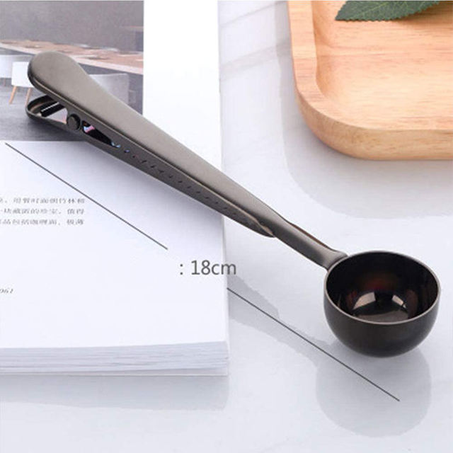 Cuchara medidora de colores, cuchara de café de Metal de grado alimenticio, cuchara medidora de café de acero inoxidable dorado con Clip de sellado