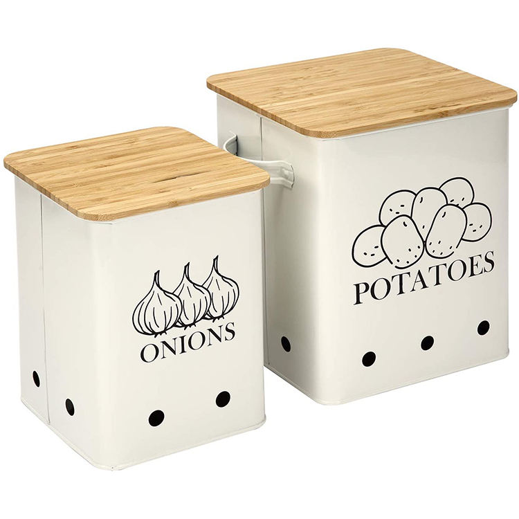Recipiente de almacenamiento de alimentos con tapa de bambú y orificio de almacenamiento de lata de aireación para patatas, cebollas y juegos de recipientes de ajo para mostrador de cocina