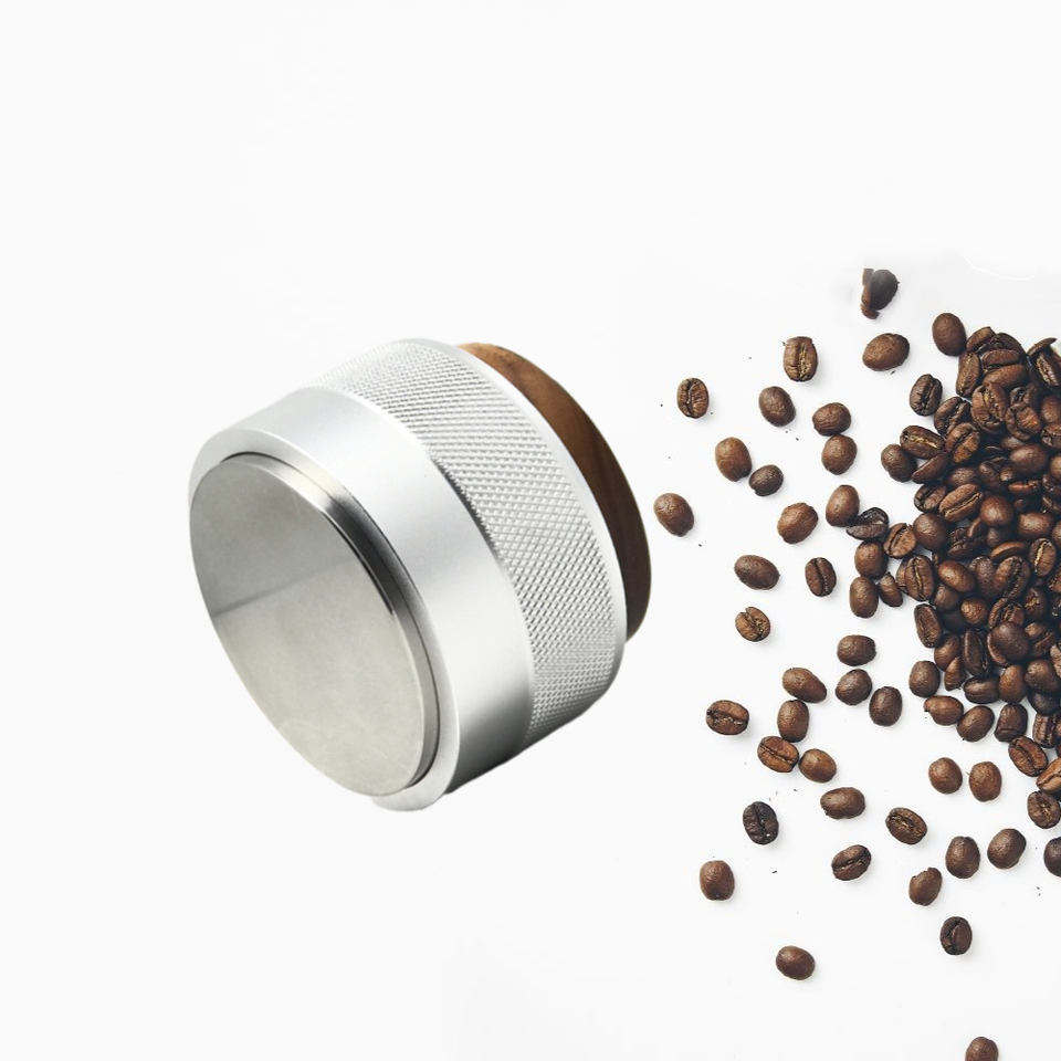 Distribuidor de café de 58 mm, distribuidor de café de acero inoxidable, decoración de nogal, distribuidor de café de altura ajustable con madera