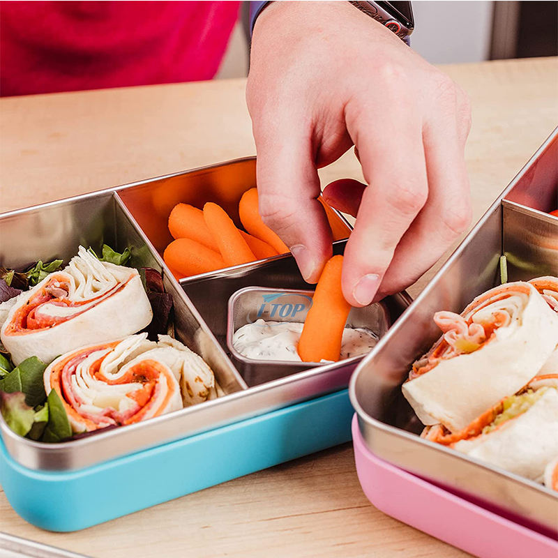 Nueva llegada a prueba de fugas 3 compartimentos escuela niños estilo bento contenedor de almacenamiento de alimentos fiambrera de acero inoxidable fiambrera bento para
