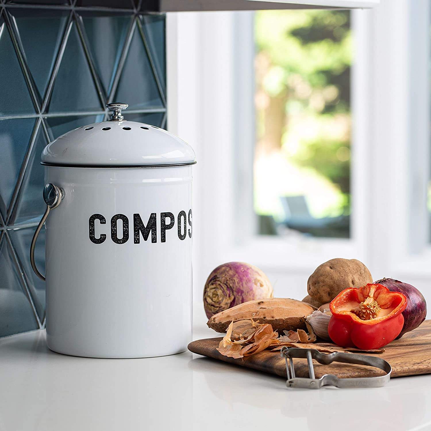 Cubo de basura para abono, mostrador de cocina, cocina interior de 1,3 galones, cubo de basura de Metal de zinc Gavinizational con tapa sellada