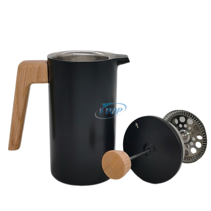 Cafetera de acero inoxidable 304 con mango de madera térmica aislada de doble pared de prensa francesa