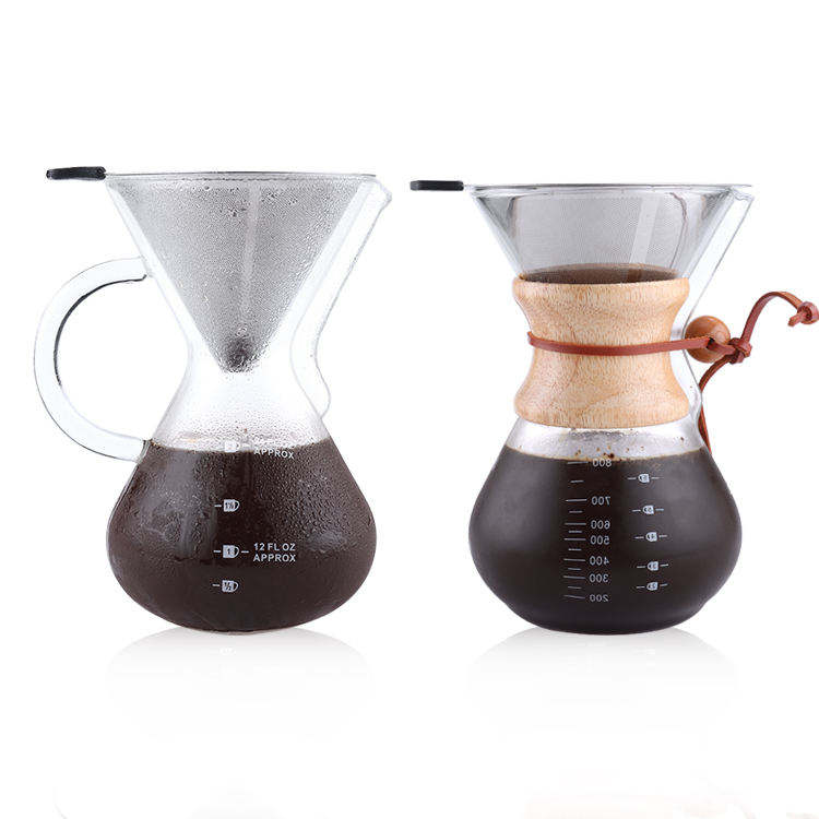 Venta caliente verter sobre cafetera jarra de vidrio de borosilicato alto con goteo de café de acero inoxidable sin papel y manga de madera