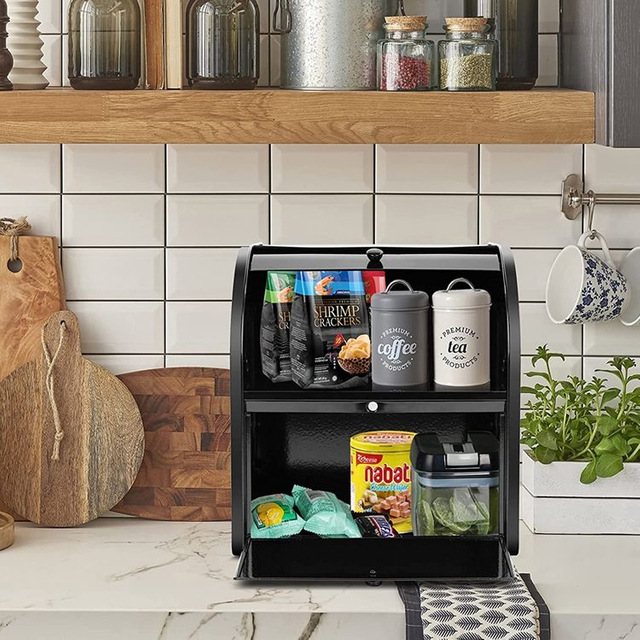 Caja de pan de acero inoxidable para cocina, contenedor de almacenamiento de pan ajustable de 2 capas con tapa, caja organizadora de maquillaje