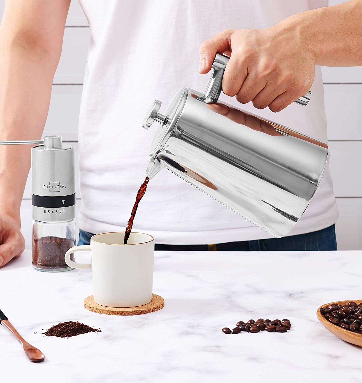 Prensa francesa de acero inoxidable, cafetera de doble pared con aislamiento de Metal, prensa de café y cafetera de té, fácil de limpiar y fácil de presionar