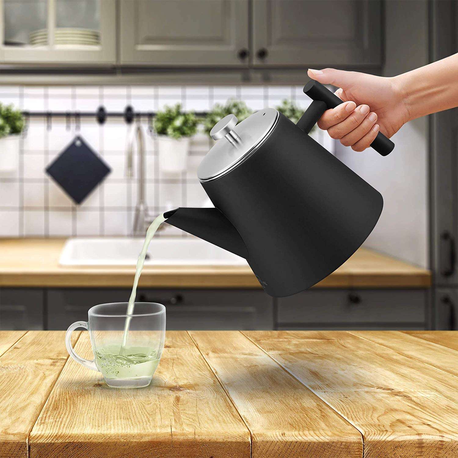Tetera de acero inoxidable con calentador de doble pared de 1,2 L Mantiene el té caliente durante mucho tiempo con la tetera con infusor de té