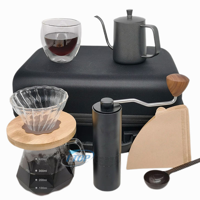 Juego de cafetera para exteriores V60, molinillo de goteo de café con acero inoxidable y hervidor de agua, escala de temporizador de vidrio, bolsa de viaje adecuada para regalos