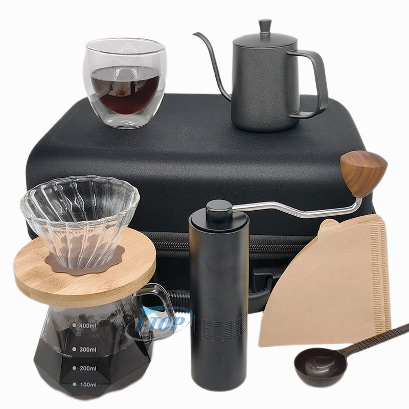 Juego de cafetera para exteriores V60, molinillo de goteo de café con acero inoxidable y hervidor de agua, escala de temporizador de vidrio, bolsa de viaje adecuada para regalos