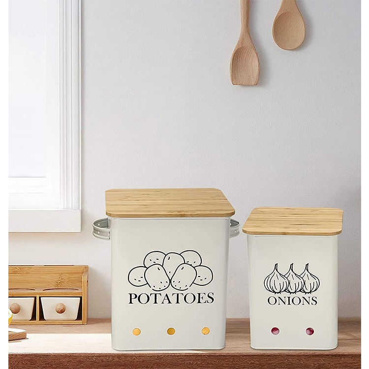 Recipiente de almacenamiento de alimentos con tapa de bambú y orificio de almacenamiento de lata de aireación para patatas, cebollas y juegos de recipientes de ajo para mostrador de cocina