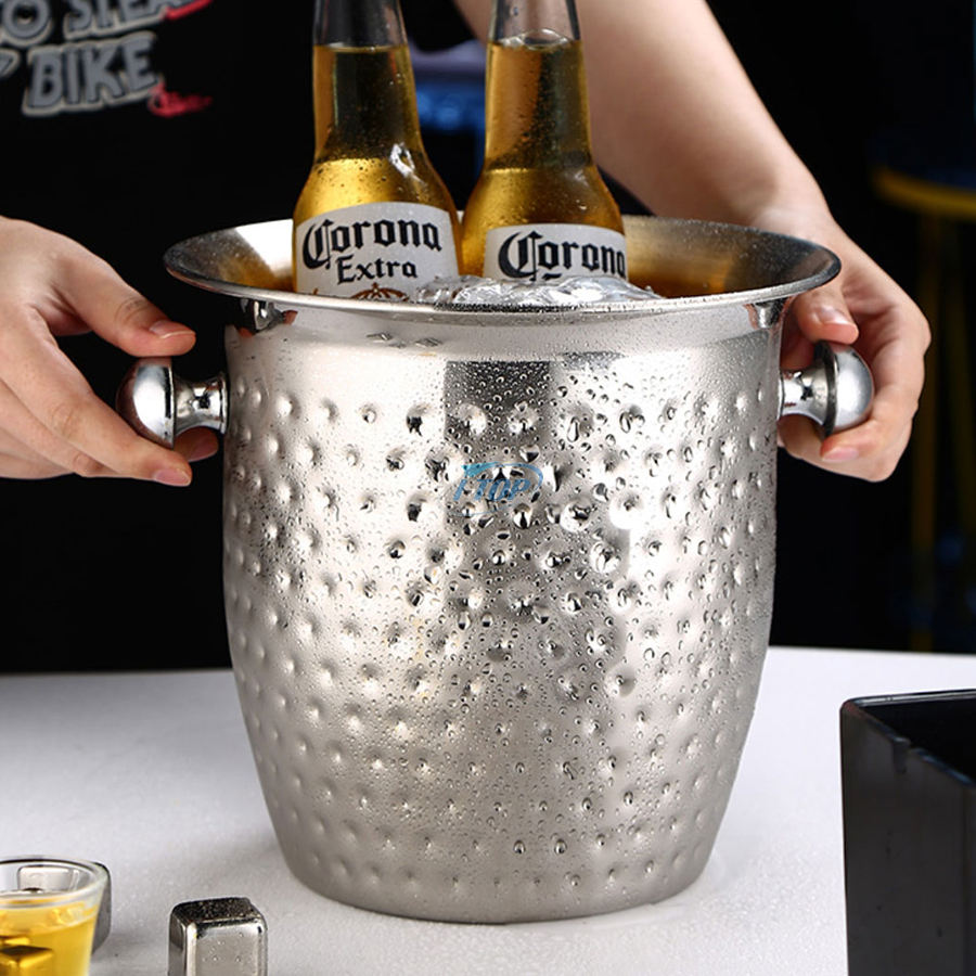 Cubo de bebida de Metal martillado de 4 cuartos de galón, cubo de hielo aislado más largo con asa para champán y vino