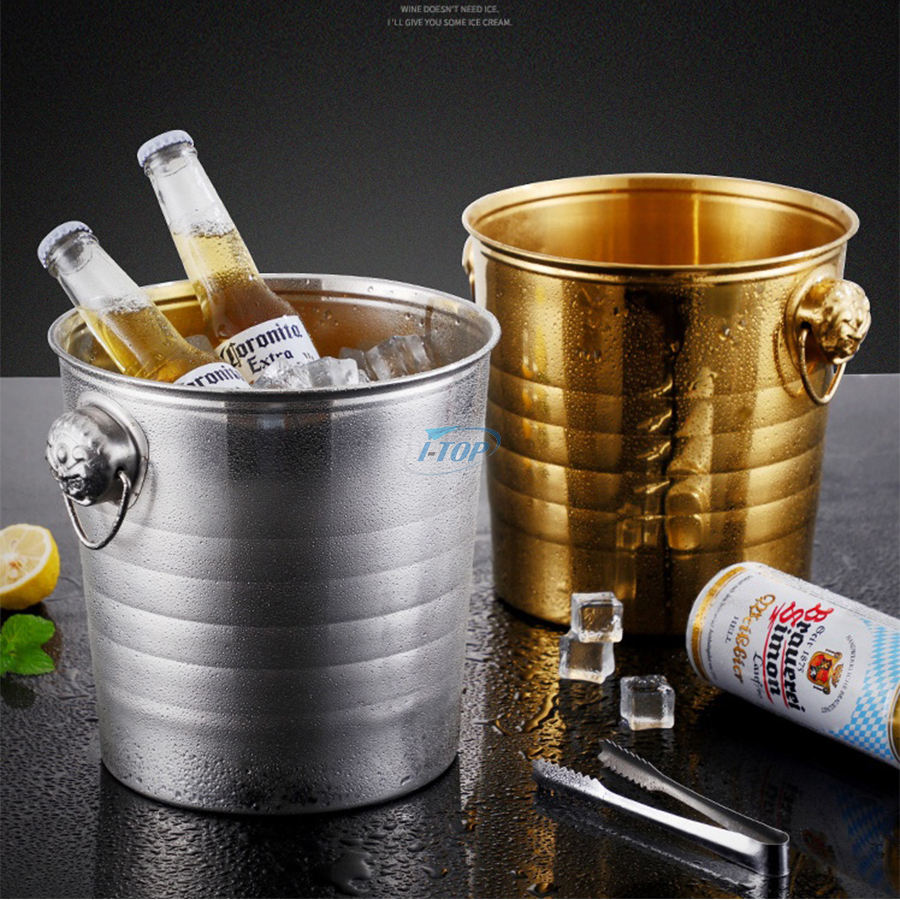 Cubo de hielo portátil personalizado de 3 litros de doble pared, cubo de hielo de acero inoxidable para cubo de bebidas
