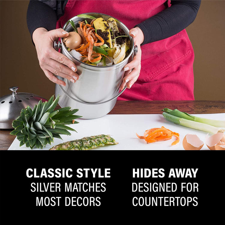 Contenedor de compostaje de cocina para encimera de cocina de acero inoxidable de 1,3 galones con 1 contenedor de compostaje con filtro de carbón de repuesto