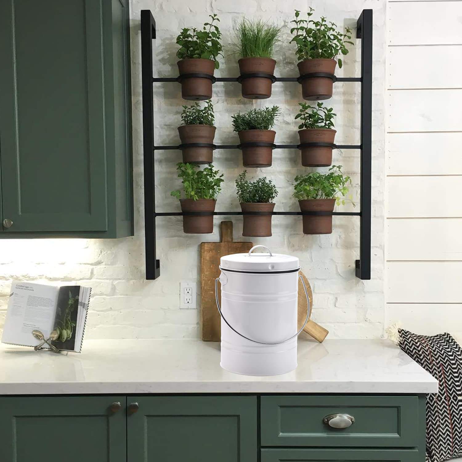 Producto Contenedor de cocina con asa de 1 galón para interiores, blanco con cubeta de plástico Contenedor de compostaje con filtro de carbón