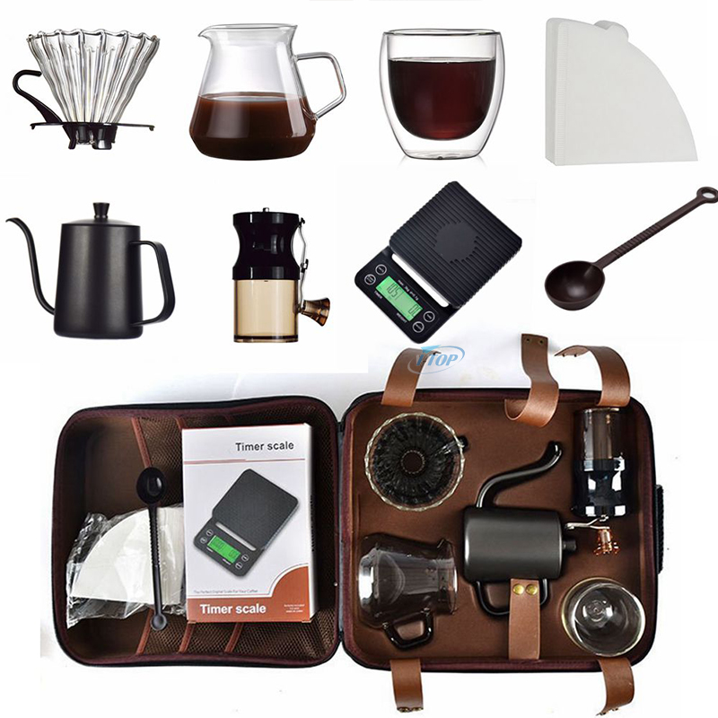 Fabricante de cafetera manual con logotipo personalizado, portátil, para acampar al aire libre, para viajes, fabricante de cajas de regalo, juego de café V60, juego de café