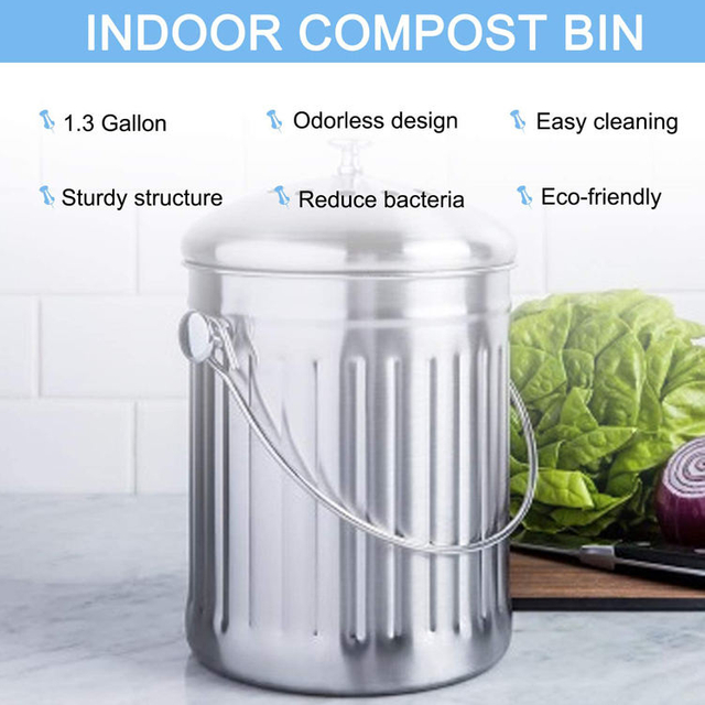 Contenedor de acero inoxidable para interiores con filtro, contenedor de compostaje para encimera, cocina