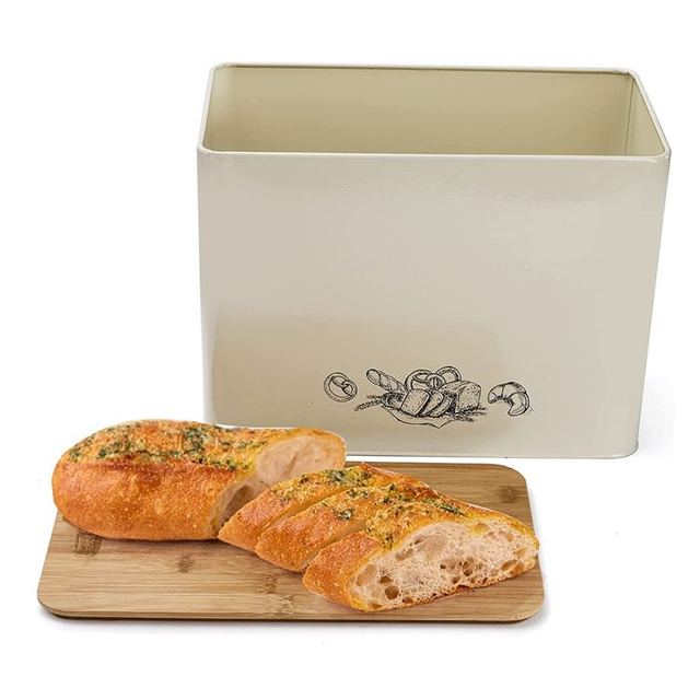 Caja de pan blanca de acero inoxidable y Metal moderno para cocina, tabla de cortar, tapa de bambú, contenedor de pan de almacenamiento de alimentos de alta capacidad