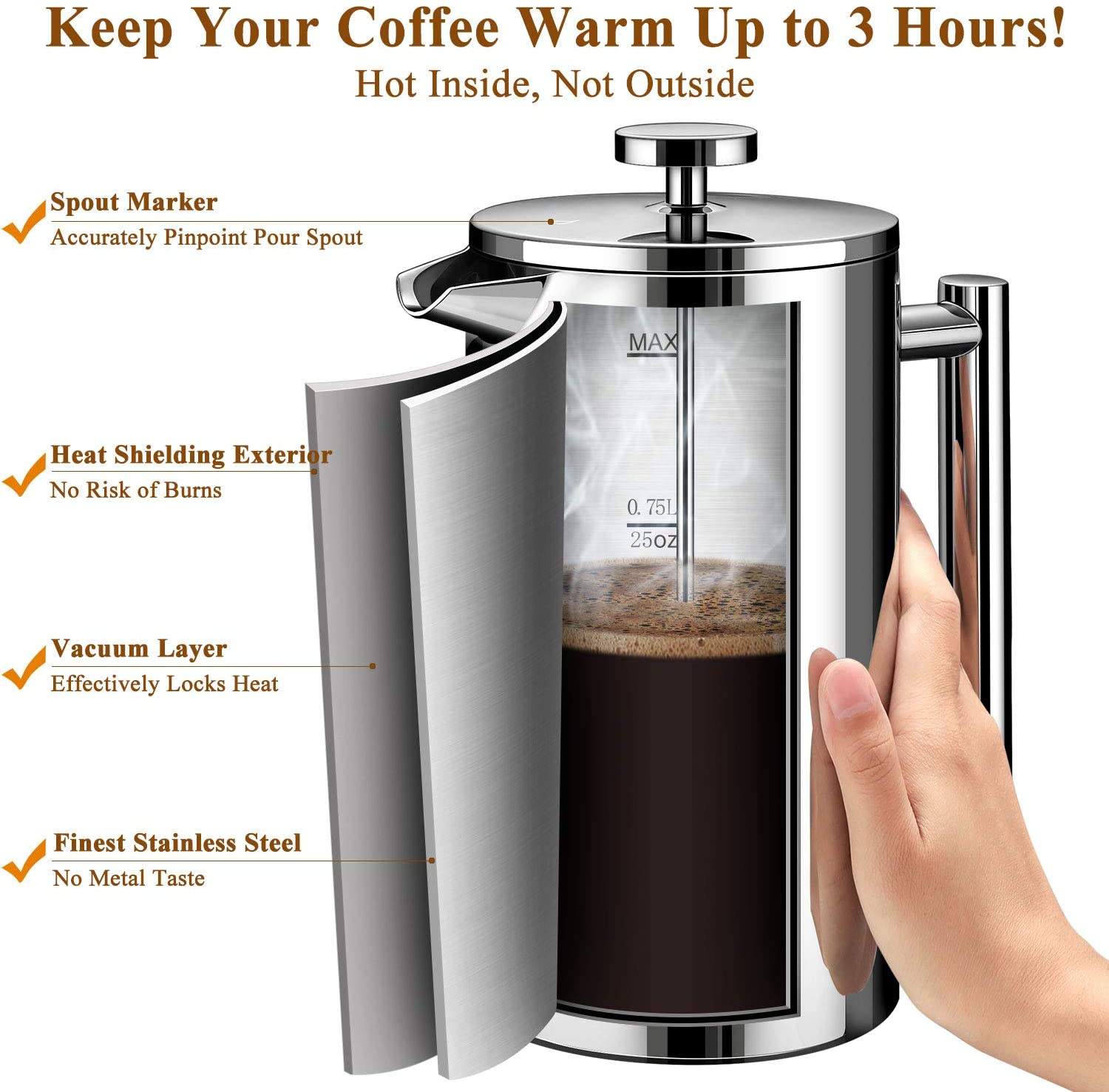 Prensa francesa espejo negro estilo clásico acero inoxidable 34 oz aislado doble pared cafetera prensa francesa con logotipo personalizado