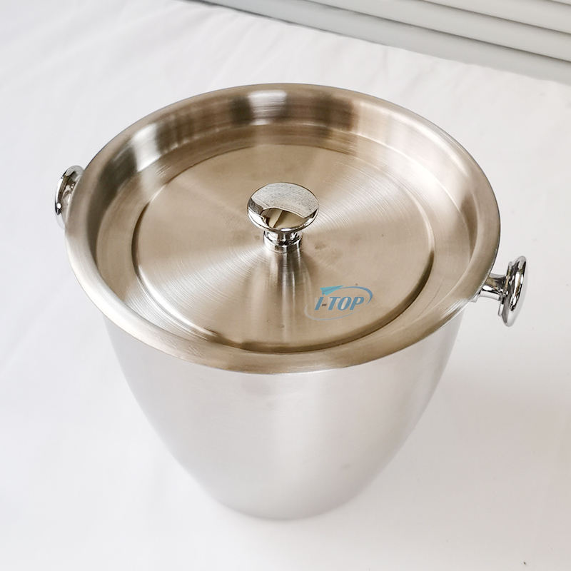 Cubo de hielo de metal de acero inoxidable de una sola pared con pala de hielo con práctico mango de dos bombas
