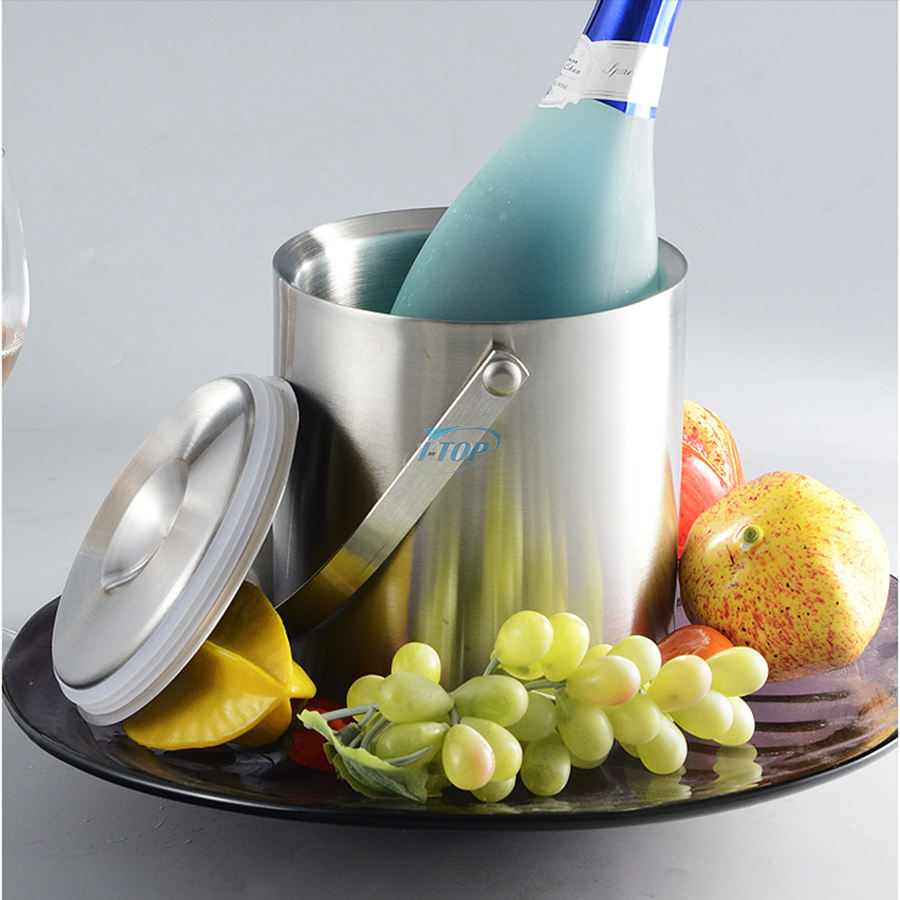Para fiestas y bufé, cubo de hielo, contenedor de hielo grande, botellas de champán, vino, cubo de hielo de acero inoxidable con tapa y pinzas